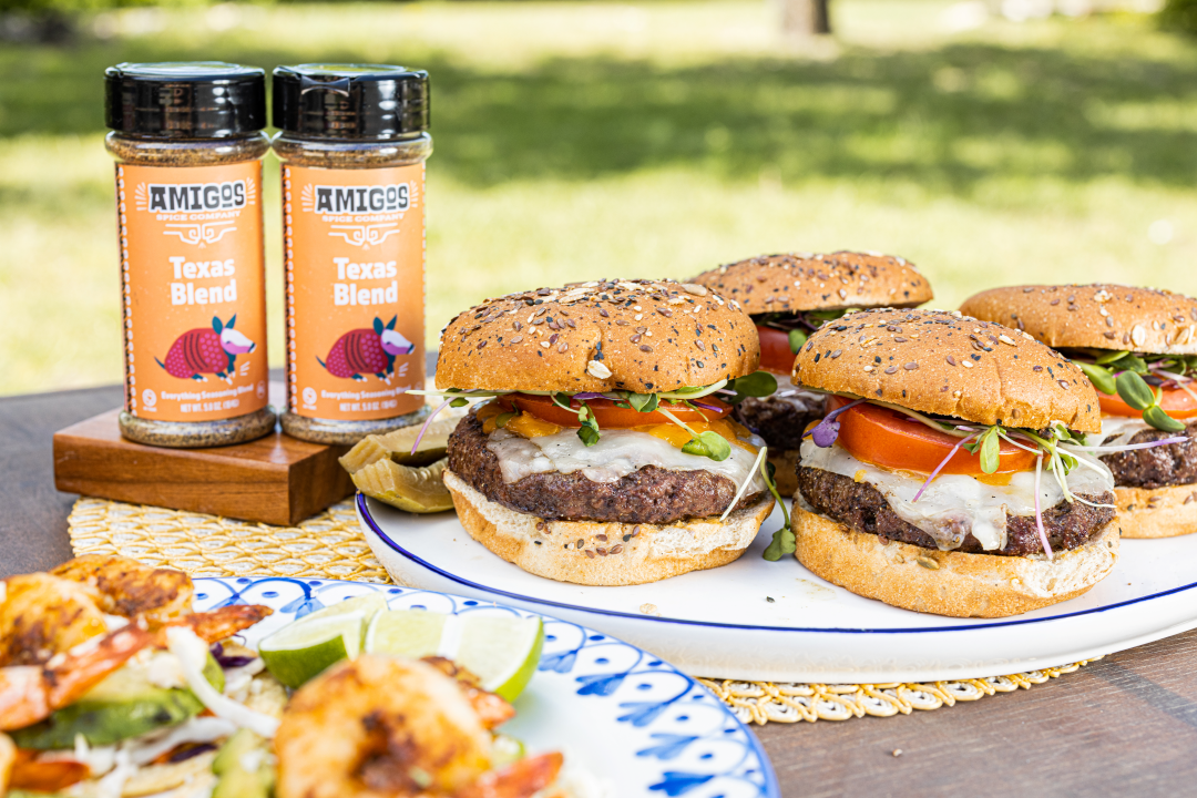 Homemade cheeseburgers with Texas Blend seasoning from Amigos Spice Co
